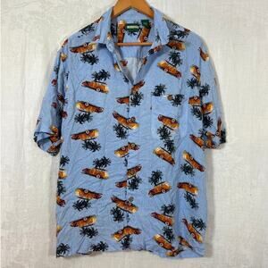 VTG Button Up XL Blue Hawaiian Style Retro Car Station Wagon Palm Tree Aloha